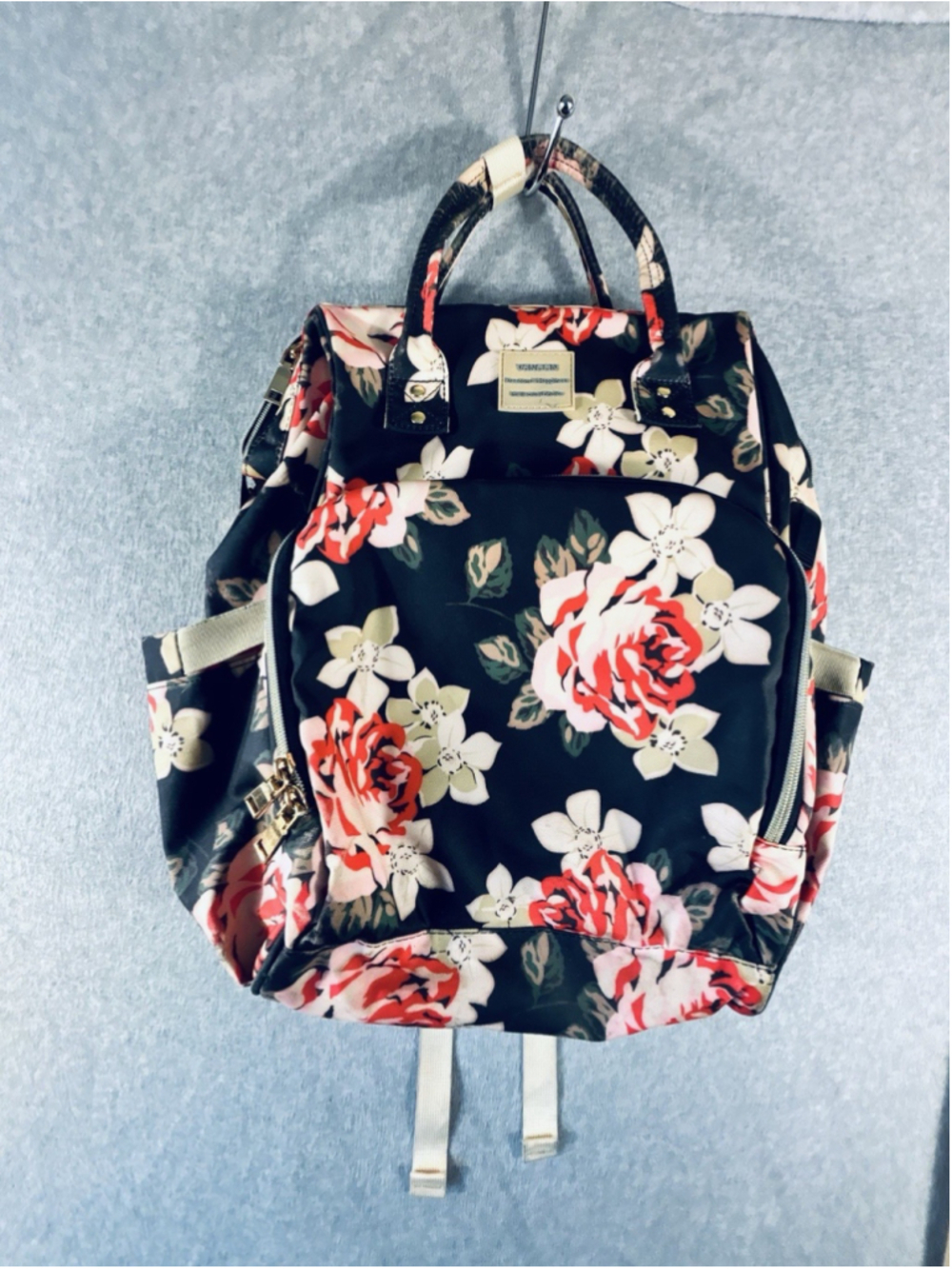 VSNOON Floral Diaper Bag Backpack RFID USB Laptop Travel Tote Black Rose
